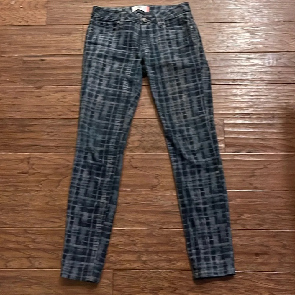 CAbi Grid Print Blue and Grey Skinny Jeans Size 2